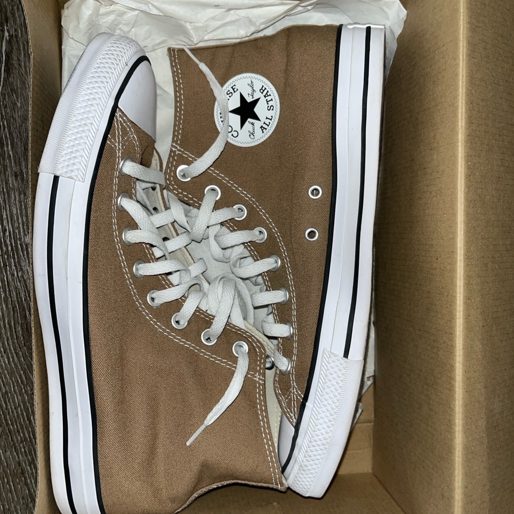 Tan/brown high top converse